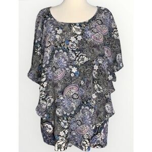 NY Collection Woman Blue & White Paisley Floral Batwing Tunic Blouse 2X